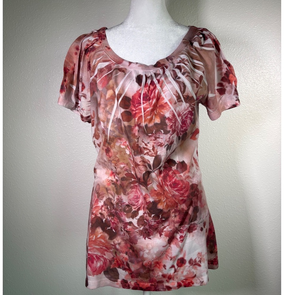 Y2K Floral Rose Print Scoop Neck Pleated Blouse Pink Red Large BLEU Womens Girly